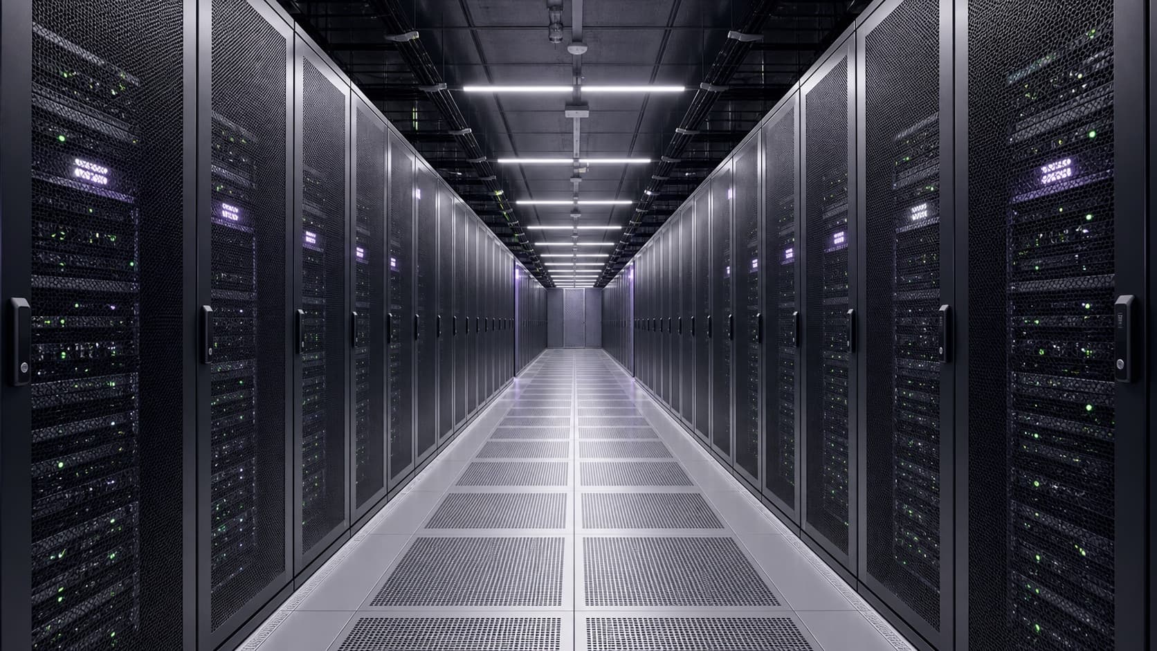 Symmetrical aisle of modern server racks in an operational data center