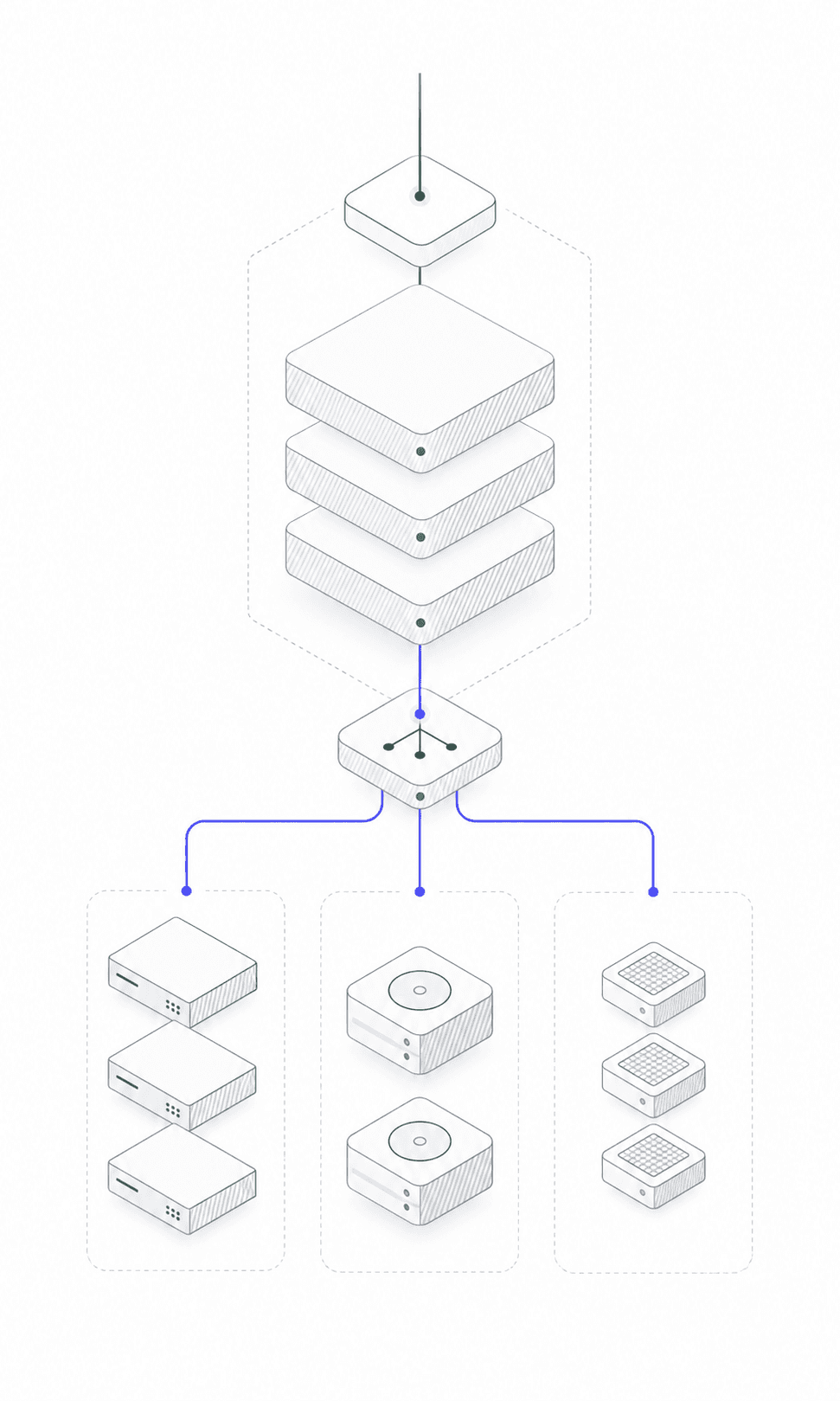 Layered infrastructure diagram routing an application into compute, data, and cache resources