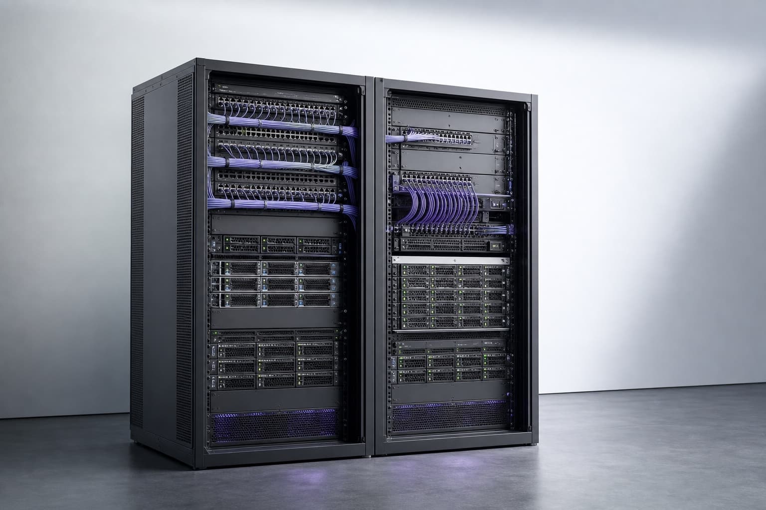 Two orderly server racks with structured network cabling and compute bays