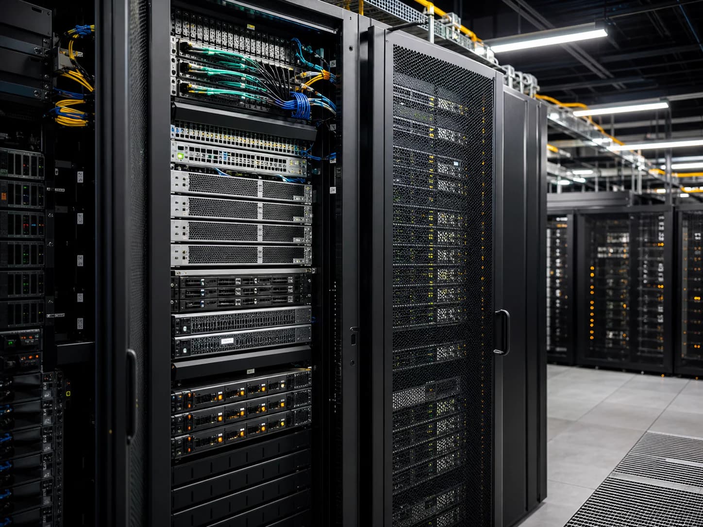 Open modular server racks with network switches, storage nodes, and organized fiber connections