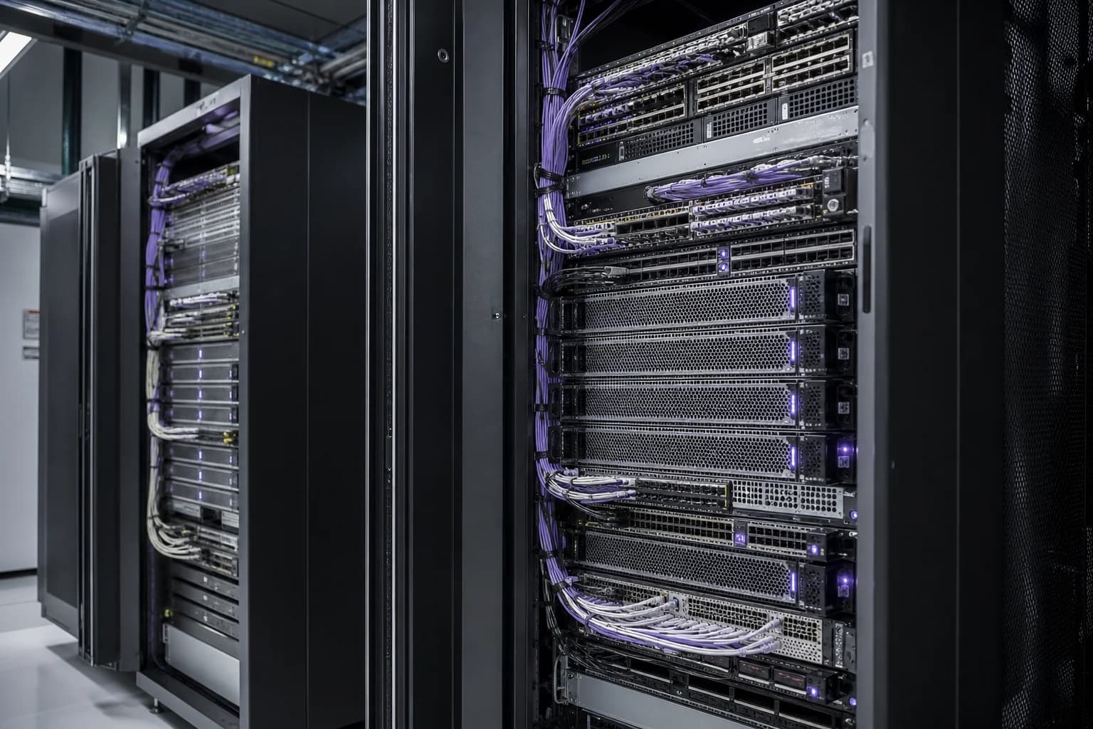 Two open high-density server racks with compute nodes and structured network cabling